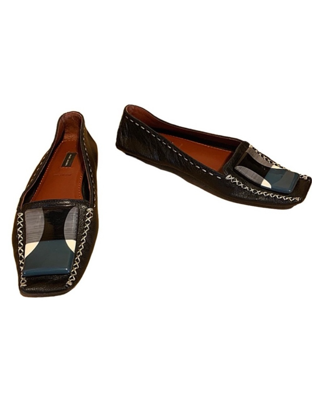 MARC JACOBS BLACK LEATHER DRIVING LOAFER SHOES WITH TEAL & CREAM DECOR (36.5)